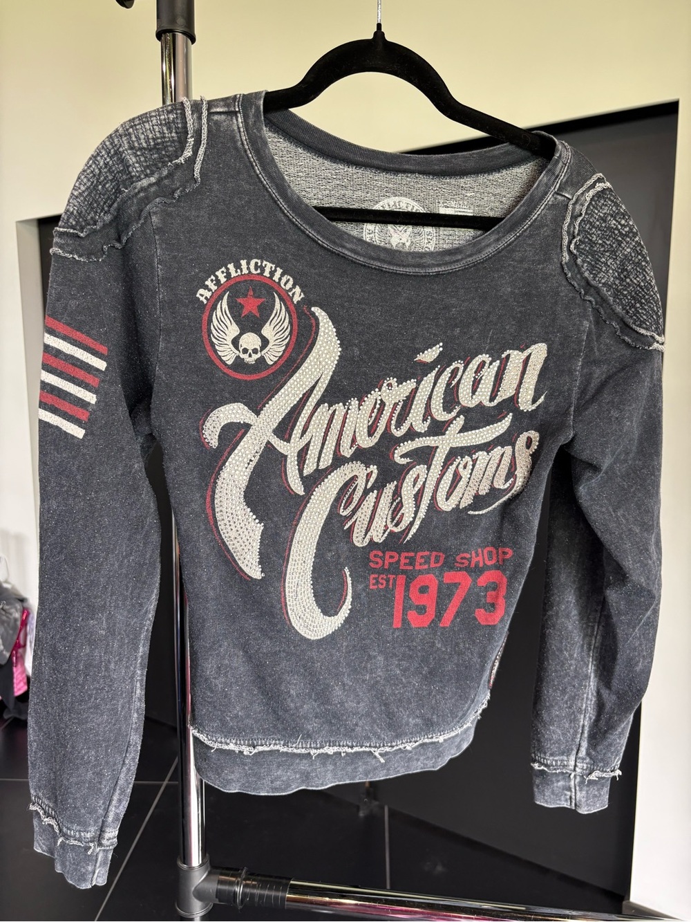 Affliction American Customs Gray Graphic Long-Sleeve Crewneck Top